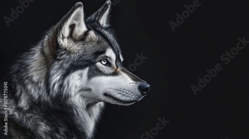 A wolf with piercing blue eyes looks to the side against a black background. photo