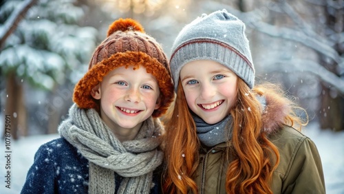 Cute happy children wearing a warm winter clotes surrounded with snowflakes. Winter holidays concept