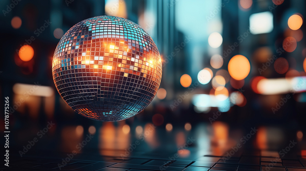 Obraz premium A reflective disco ball with a shiny surface, suspended in a blurry urban environment with colorful bokeh lights in the background.