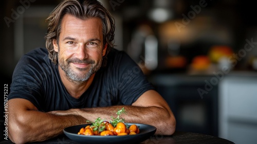 Smiling Man with Healthy Meal in Modern Kitchen Setting