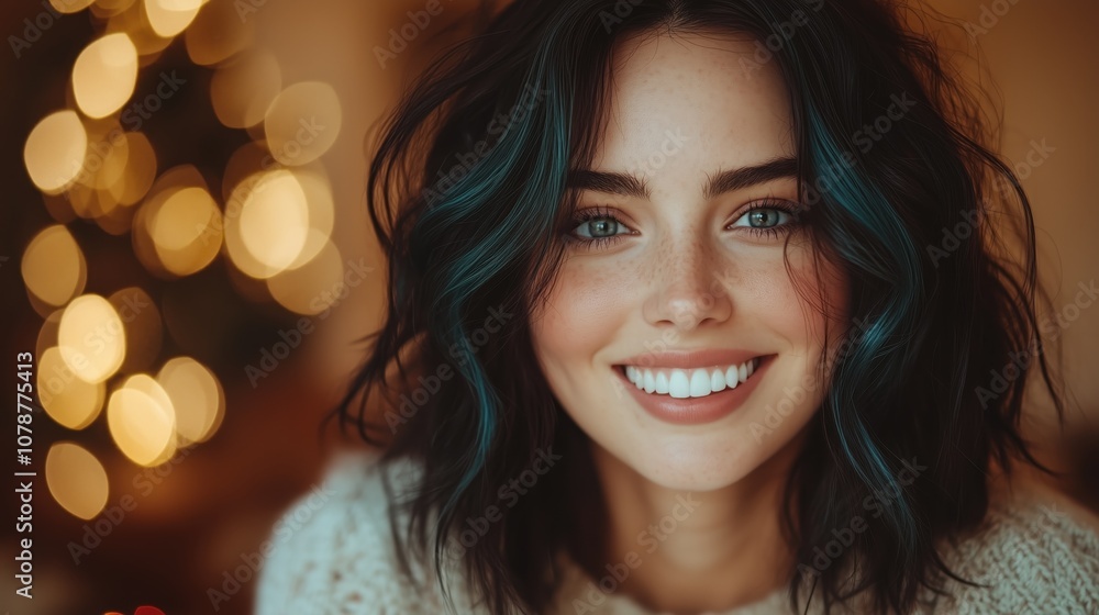 A cheerful young woman with dark hair and vibrant eyes, surrounded by warm holiday lights, capturing a joyful and cozy seasonal atmosphere. A cheerful young woman with dark hair and vibrant eyes, surrounded by warm holiday lights, capturing a joyful and cozy seasonal atmosphere.