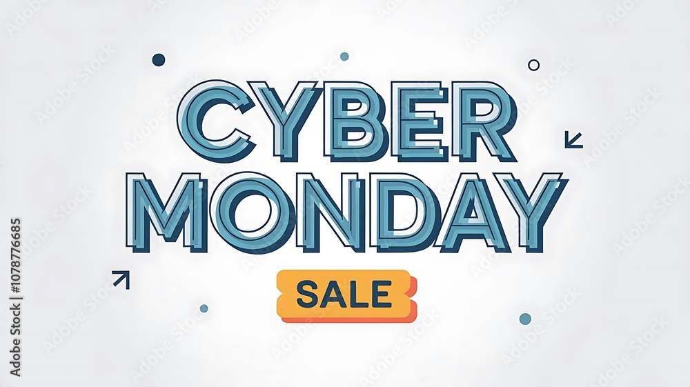Modern Cyber Monday Sale Graphic with Bold Blue and Cyan Text, Minimalist Decorative Elements, and Orange Sale Tag