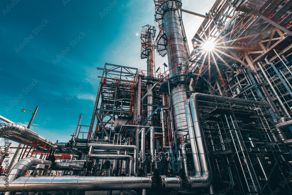 Fototapeta premium Valve elbow column refinery plant equipment for pipeline oil and gas valves at gas plant pressure safety
