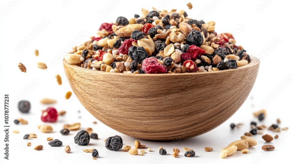 Delicious Granola Mix in a Rustic Wooden Bowl Delicious Granola Mix in a Rustic Wooden Bowl