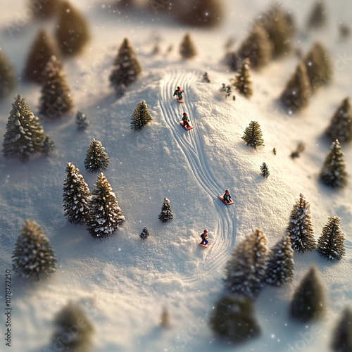 Tilt-shift view of a small snowy hill with miniature children sledding