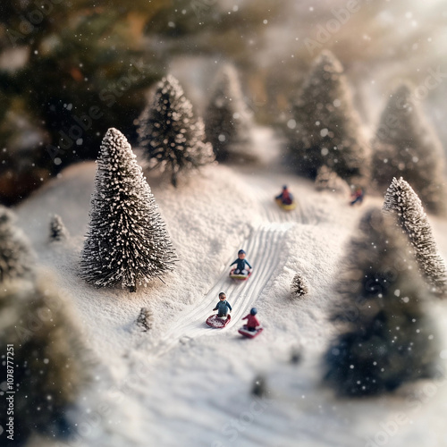 Tilt-shift view of a small snowy hill with miniature children sledding