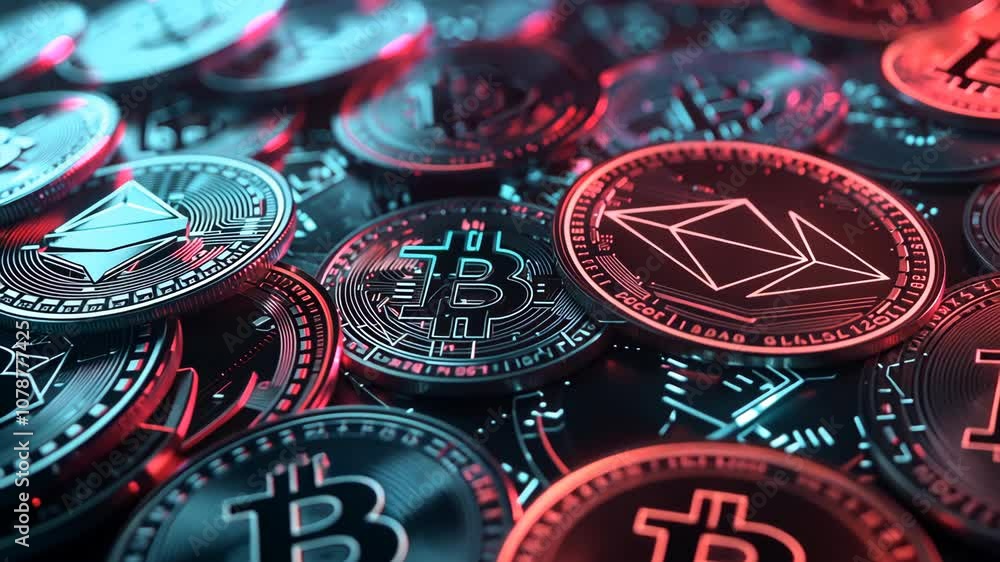 Pile of cryptocurrency symbols on a dark background with depth of field.