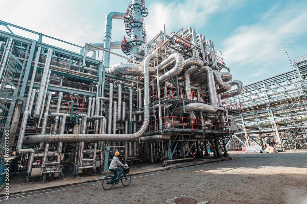Naklejka premium Valve elbow column refinery plant equipment for pipeline oil and gas valves at gas plant pressure safety
