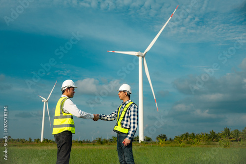 Two engineer man working at windmill farm generating electricity clean energy. Wind turbine farm generator by alternative green energy. Asian engineer checking control electric power	