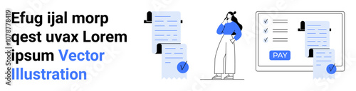 Woman holding receipt, large invoices, computer screen displaying payment confirmation. Ideal for finance, e-commerce, online payments, billing systems, financial apps, digital receipts, business