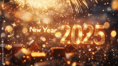 Wallpaper Mural Close-up of "New Year 2025" in digital style with golden bokeh lights, confetti, and fireworks overhead. Torontodigital.ca