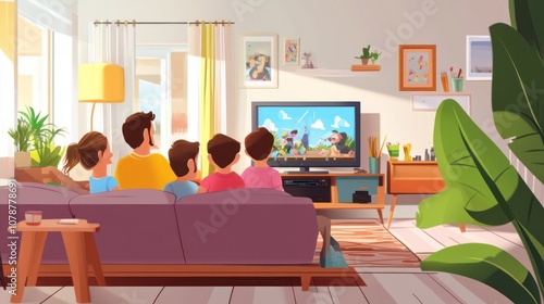 Family Enjoying Movie Night Together in Their Living Room