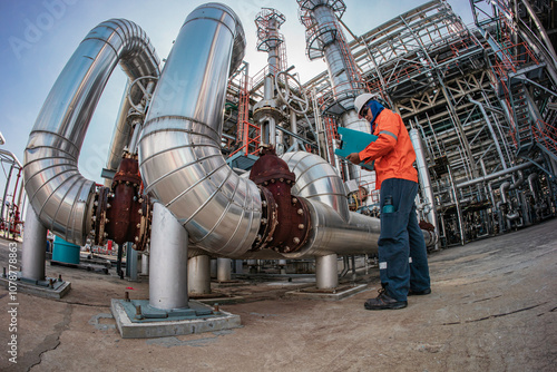 Male worker inspection at steel long pipes insulation and pipe elbow in station oil factory during refinery valve of visual check record pipeline