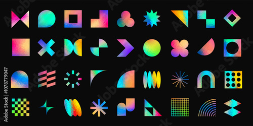 Holographic geometric forms, abstract brutalism shapes with iridescent foil effect. Shiny metallic rainbow stickers of different shapes, colorful neon gradient graphic design element vector set