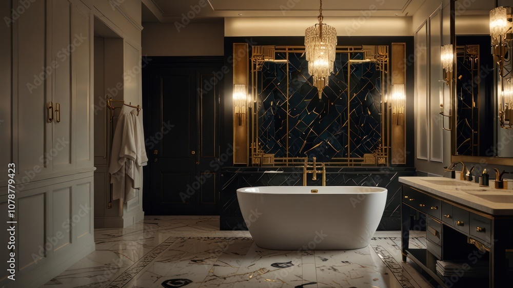Luxurious bathroom with black and gold accents, marble floors, and a freestanding tub. Luxurious bathroom with black and gold accents, marble floors, and a freestanding tub.