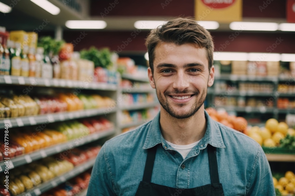 Close portrait of a smiling young Bosnian male grocer standing and looking at the camera, Bosnian grocery store blurred background Close portrait of a smiling young Bosnian male grocer standing and looking at the camera, Bosnian grocery store blurred background