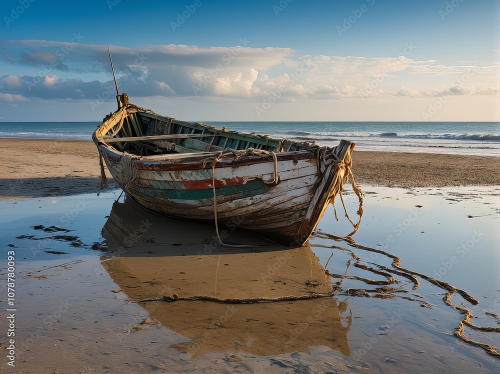 An aged wooden boat sits on a sandy beach at low tide, reflecting in the shallow water under a serene sky, evoking a peaceful coastal scene. An aged wooden boat sits on a sandy beach at low tide, reflecting in the shallow water under a serene sky, evoking a peaceful coastal scene.