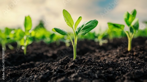 A small green seedling emerges from rich soil, surrounded by other sprouts, under a bright sky, symbolizing growth and renewal in nature.