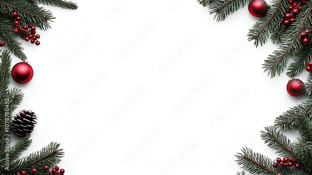 Minimalist Christmas Frame with Natural Pine Branches and Red Ornaments : Generative AI Minimalist Christmas Frame with Natural Pine Branches and Red Ornaments : Generative AI