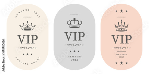 Set for premium persons VIP card vertical invitation badge sticker with text and crown on beige background. Flat style. Vector illustration.