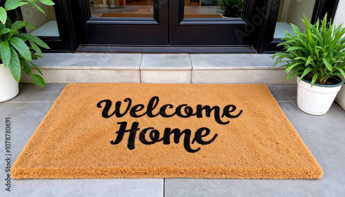 Welcome home doormat on porch with potted plants