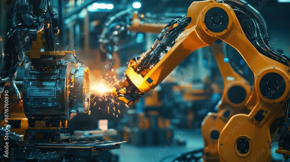 Industrial robots welding components in a factory setting, showcasing automation technology. Industrial robots welding components in a factory setting, showcasing automation technology.
