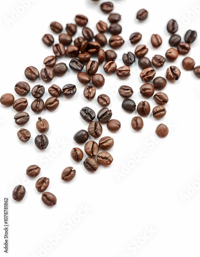 A close-up of whole coffee beans scattered on a white background. The dark brown beans are arranged in a slight curve, with soft lighting highlighting their texture and sheen, clean, minimalist