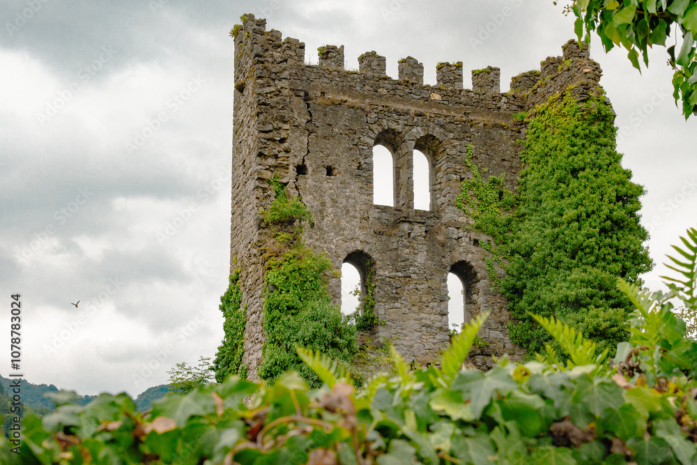 Fototapeta premium Medieval Tower of Soto (14th-15th centuries). Currently in ruins, most of the wall is preserved, part of a large quadrangular tower and the entrance gate. Grove of Aller, Asturias, Spain.