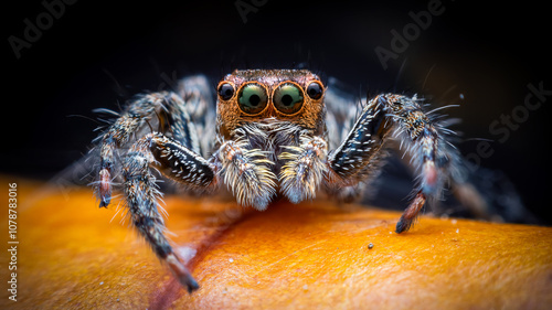 Jumping spider looking the camera on leaf with black background photo