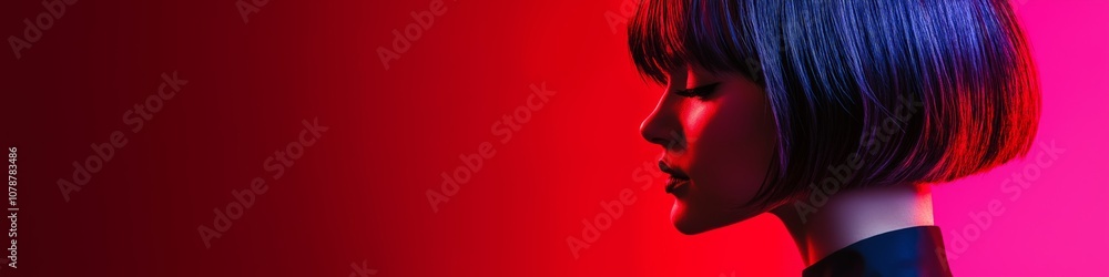 Φωτογραφία A woman with short hair is standing in front of a red background