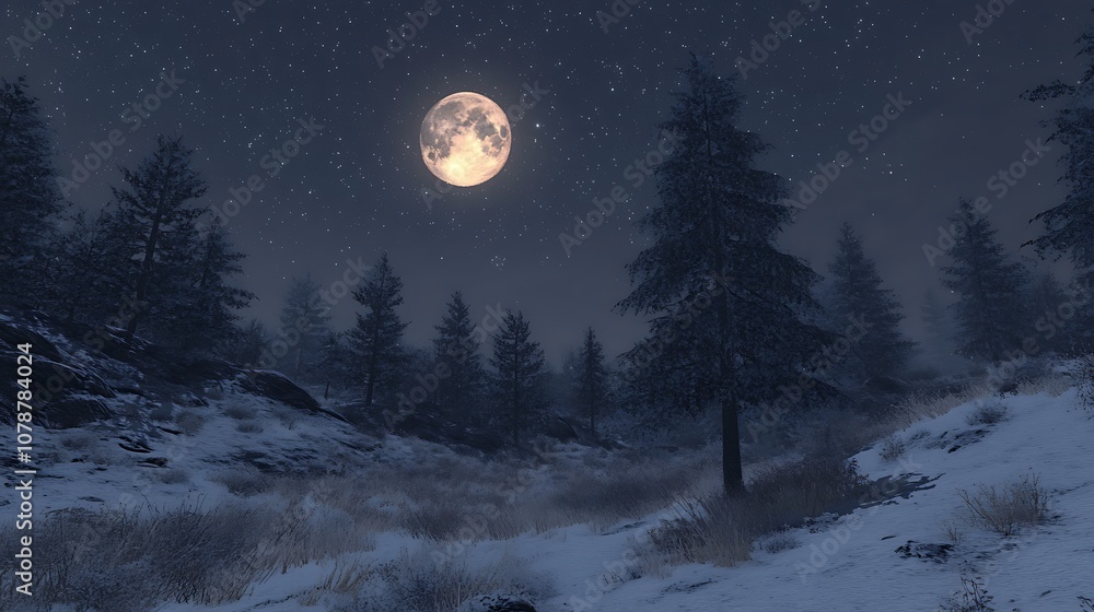 Fototapeta premium A Full Moon Illuminates a Snow-Covered Forest at Night