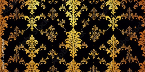 Luxurious golden background with intricate damask floral pattern, stylish, decorative, damask