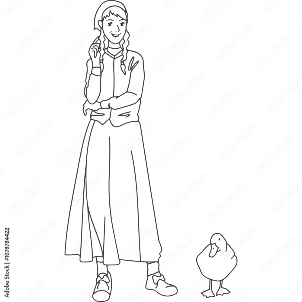A young woman in a long skirt stands beside a duck, holding a pencil while smiling in a playful outdoor setting A young woman in a long skirt stands beside a duck, holding a pencil while smiling in a playful outdoor setting