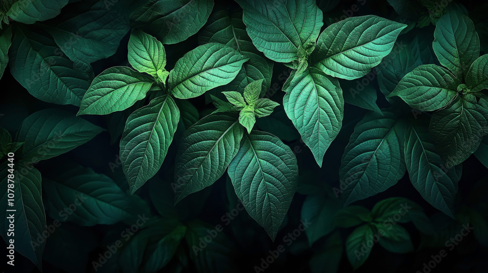 Lush green leaves with detailed veins in low light, creating a rich natural texture background Lush green leaves with detailed veins in low light, creating a rich natural texture background