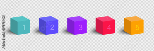 Colored 3D cubes with numbers isolated on a transparent background