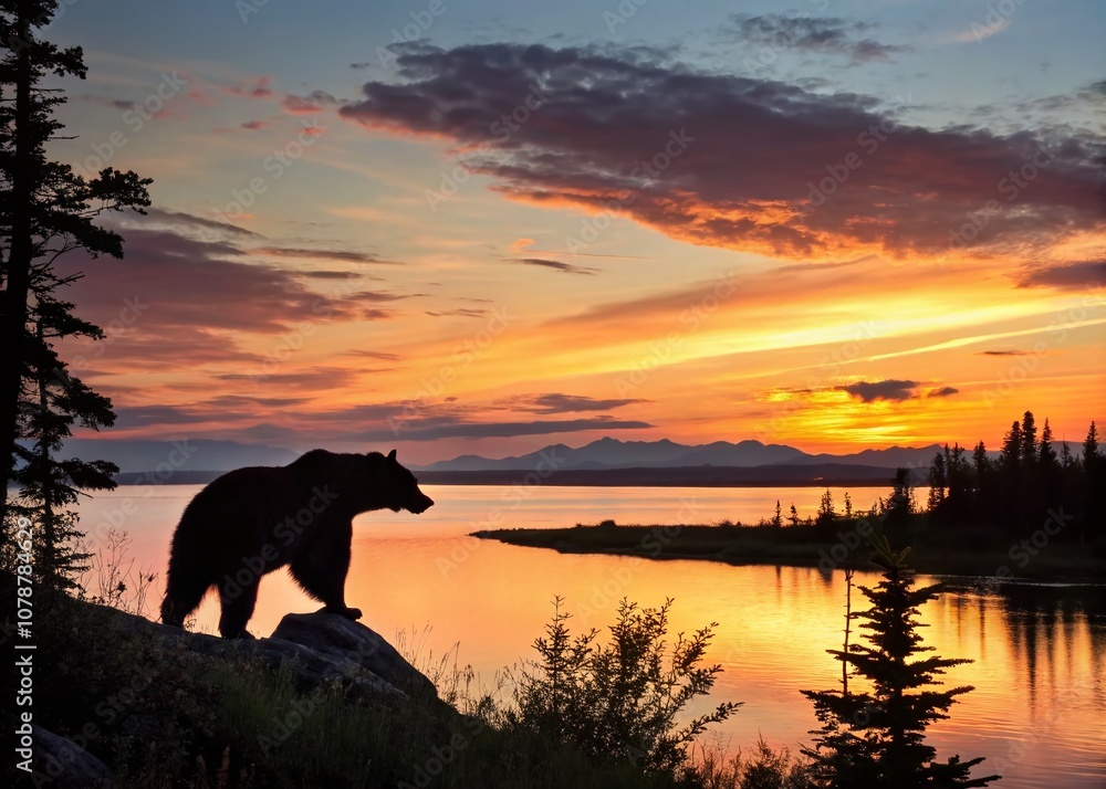 Majestic Silhouette of a Bear Against a Sunset Horizon in a Natural Wilderness Setting Majestic Silhouette of a Bear Against a Sunset Horizon in a Natural Wilderness Setting