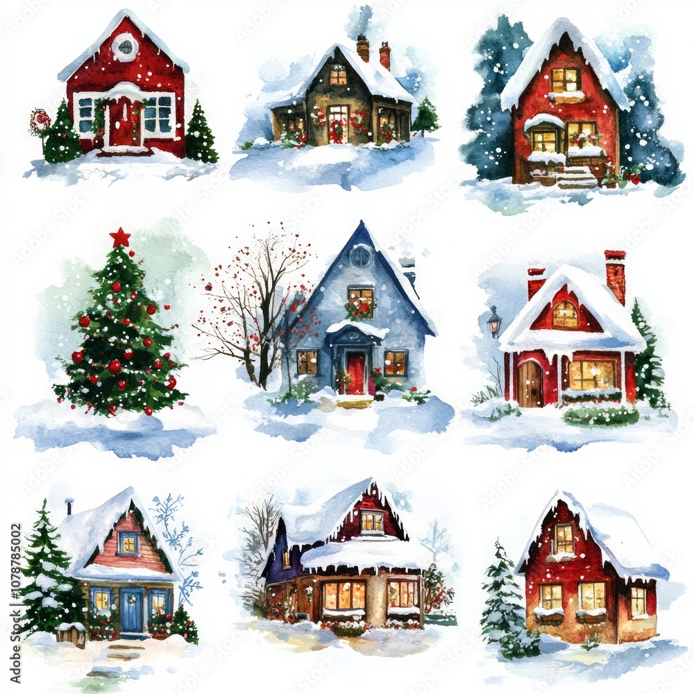 Beautiful and cozy houses, Christmas red and green decorations, Beautiful and cozy houses, Christmas red and green decorations,