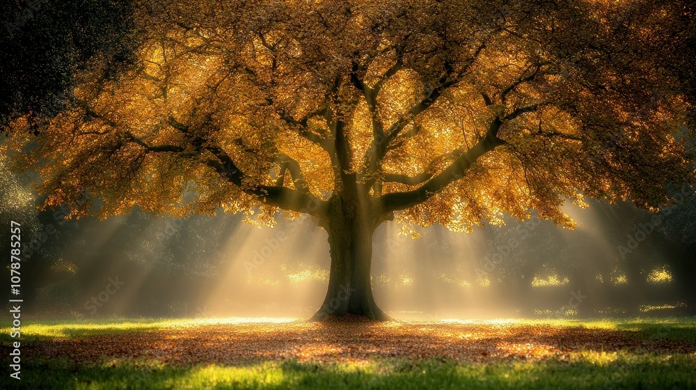 Obraz premium A large tree with leaves that are yellow and brown. The tree is in the middle of a field and the sun is shining on it