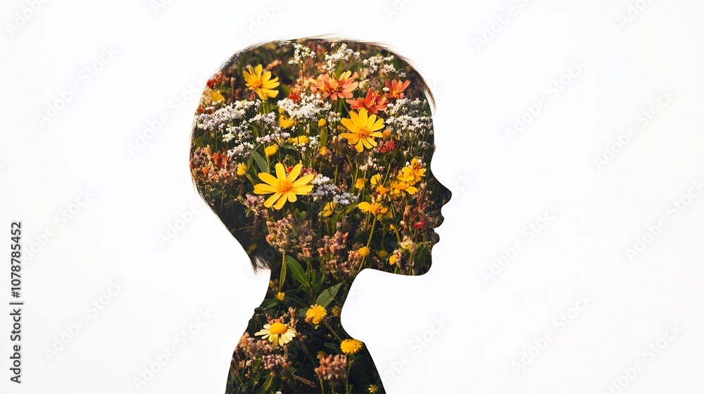 Joyful Silhouette of a Smiling Child Overlaid with a Blooming Meadow on White Background Joyful Silhouette of a Smiling Child Overlaid with a Blooming Meadow on White Background