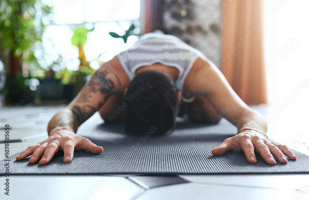 Φωτογραφία Man, hands and yoga of meditation at house for holistic fitness, spiritual healing and mindfulness