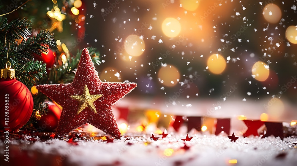 Magical Christmas Setting with Glittery Red Star and Pinecone Amidst Falling Snow : Generative AI Magical Christmas Setting with Glittery Red Star and Pinecone Amidst Falling Snow : Generative AI