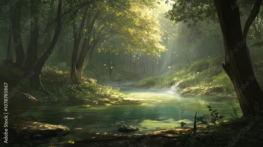 Fototapeta premium Peaceful Lake Reflections and Misty Forest in Serene Valley