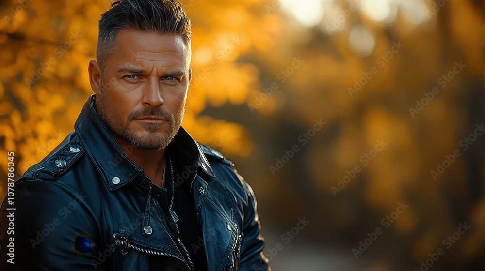 A man in a leather jacket is standing in a forest. The man is wearing a black shirt and has a beard. The forest is filled with trees and the leaves are changing colors A man in a leather jacket is standing in a forest. The man is wearing a black shirt and has a beard. The forest is filled with trees and the leaves are changing colors