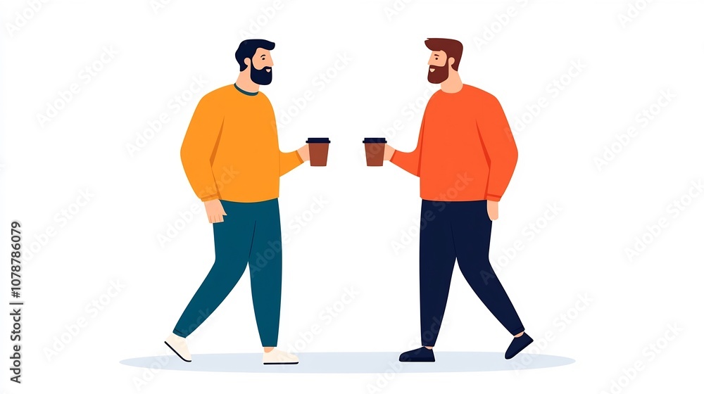 Two Friends Enjoying Casual Conversation Over Coffee Cups on White Backdrop Two Friends Enjoying Casual Conversation Over Coffee Cups on White Backdrop