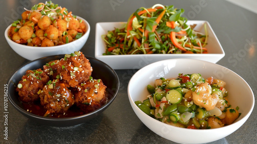 Delicious Chinese dishes—meatballs, chicken, and salad—gathered on the table, inviting family together for a warm, joyful reunion meal.