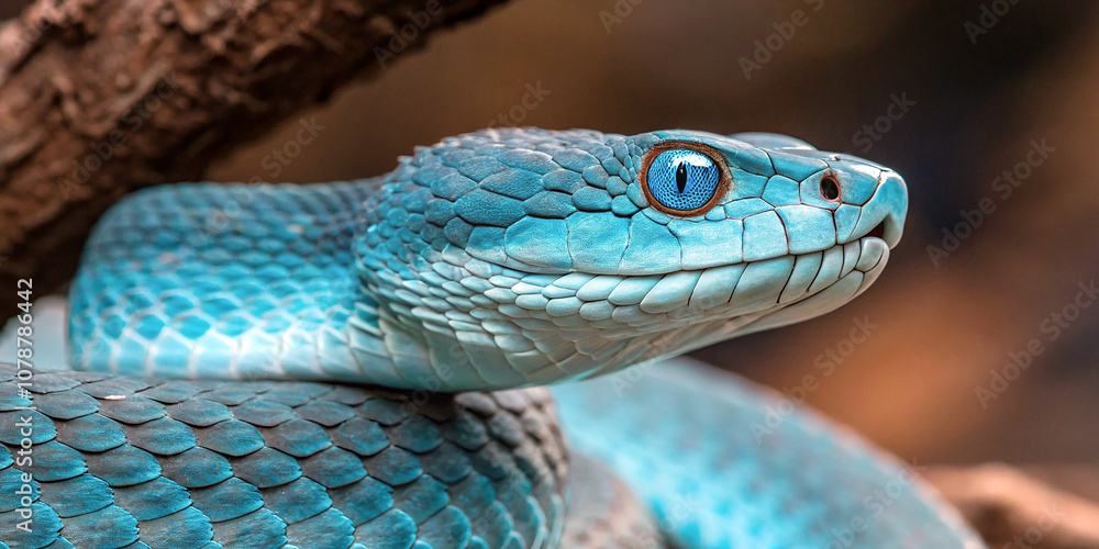 The captivating, altered visage of a blue viper, its striking scales shimmering under the light, evoking a sense of mystery and danger. The captivating, altered visage of a blue viper, its striking scales shimmering under the light, evoking a sense of mystery and danger.