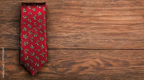 Cartoonish tie with cranberry sauce motifs, topdown view on oak table photo