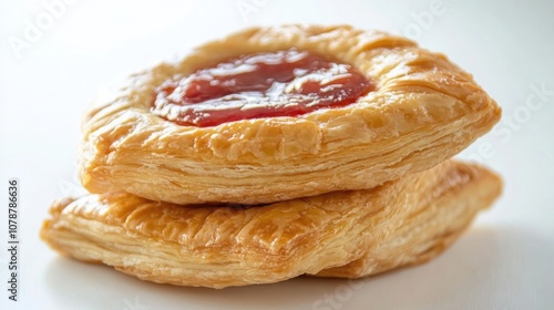 Two flaky pastries filled with a sweet, red fruit filling. photo