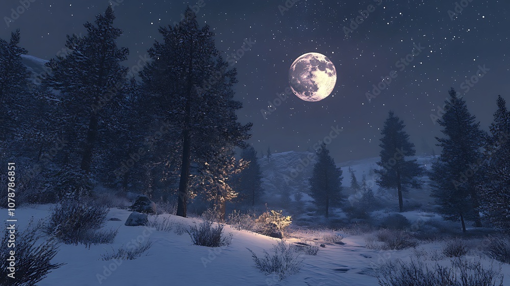 Snowy Forest Landscape Under a Full Moon and Starry Night Sky Snowy Forest Landscape Under a Full Moon and Starry Night Sky
