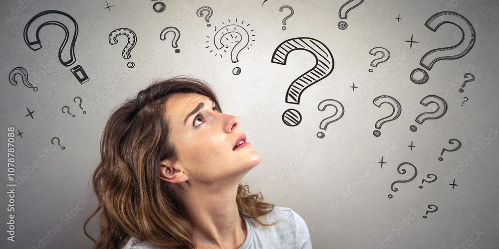 A woman gazes upward with question marks surrounding her, symbolizing curiosity and the quest for answers A woman gazes upward with question marks surrounding her, symbolizing curiosity and the quest for answers